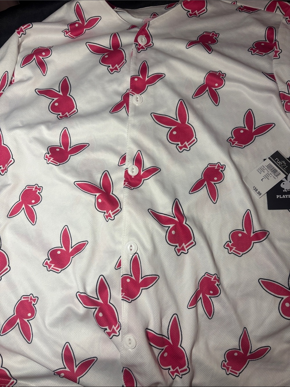 PLAYBOY White Button-Up Shirt with Hot Pink Bunny Print